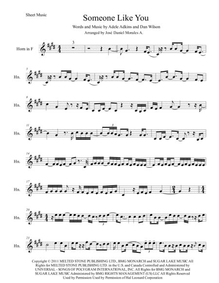 Free Sheet Music Someone Like You For Horn In F