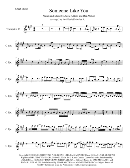 Free Sheet Music Someone Like You For Trumpet In C