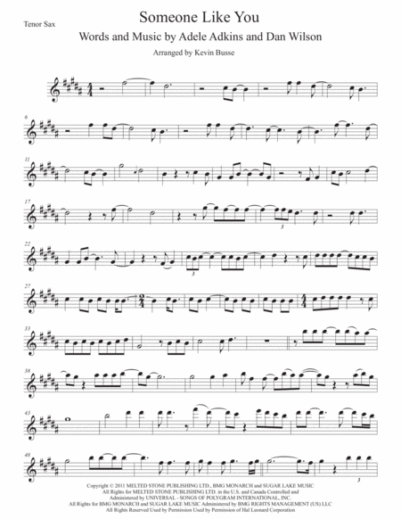 Free Sheet Music Someone Like You Original Key Tenor Sax