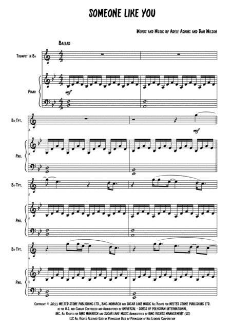 Someone Like You Trumpet Piano Sheet Music