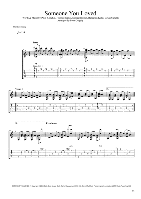 Free Sheet Music Someone You Loved Fingerstyle Guitar
