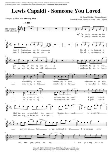 Someone You Loved Trumpet Or Clarinet Sheet Music