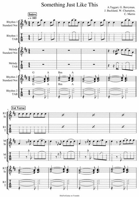 Something Just Like This By The Chainsmokers Colplay Arranged For 3 Guitars Rhythm Melody Rhythm 2 Tab Standard Notation Sheet Music