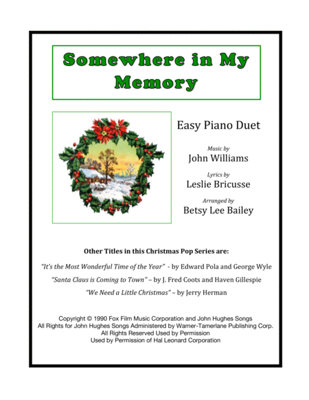 Free Sheet Music Somewhere In My Memory Easy Piano Duet
