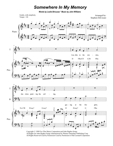 Free Sheet Music Somewhere In My Memory For 2 Part Choir Tb