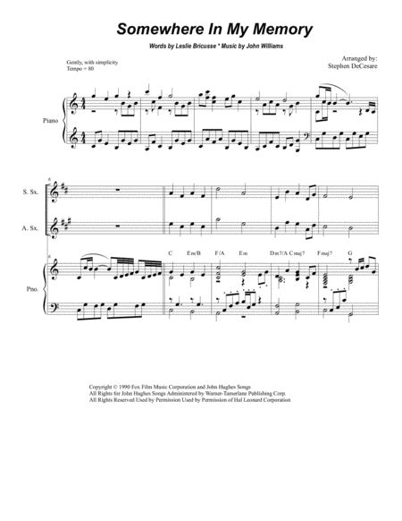 Free Sheet Music Somewhere In My Memory For Saxophone Quartet