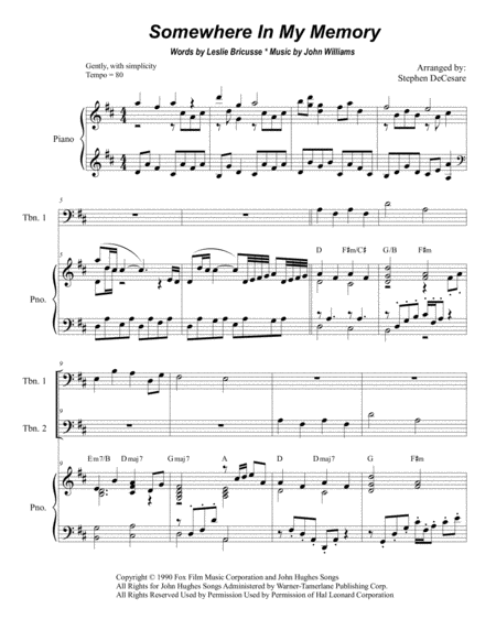 Somewhere In My Memory Trombone Duet Sheet Music