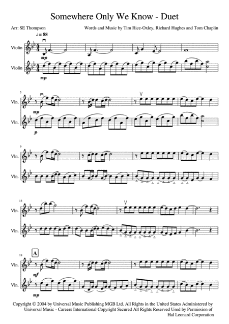 Somewhere Only We Know Duet Sheet Music