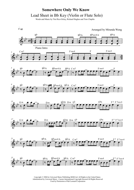 Somewhere Only We Know Flute Or Oboe Solo In Bb With Chords Sheet Music