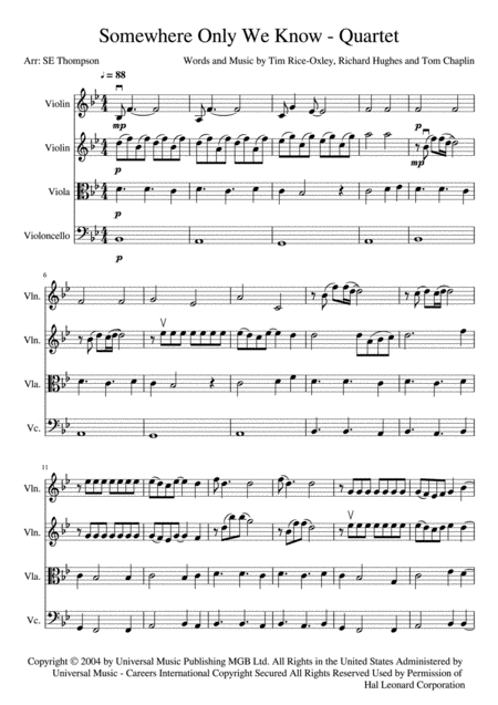 Free Sheet Music Somewhere Only We Know Quartet Easier