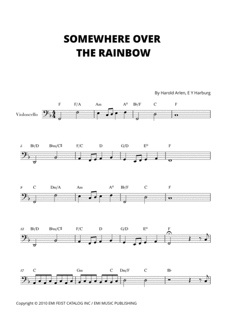 Somewhere Over The Rainbow For Cello Sheet Music