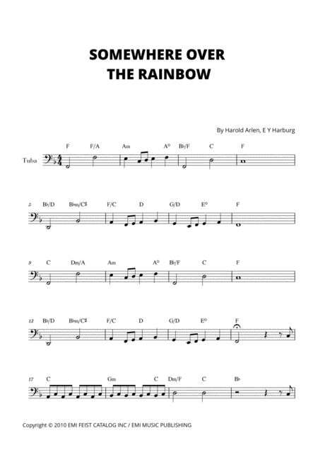 Free Sheet Music Somewhere Over The Rainbow For Tuba