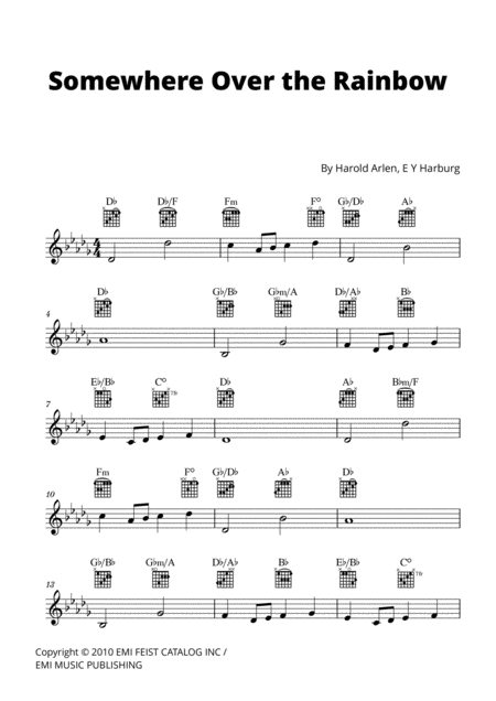 Somewhere Over The Rainbow Lead Sheet W Guitar Chords D Flat Major Sheet Music