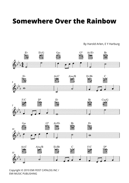 Free Sheet Music Somewhere Over The Rainbow Lead Sheet W Guitar Chords E Flat Major