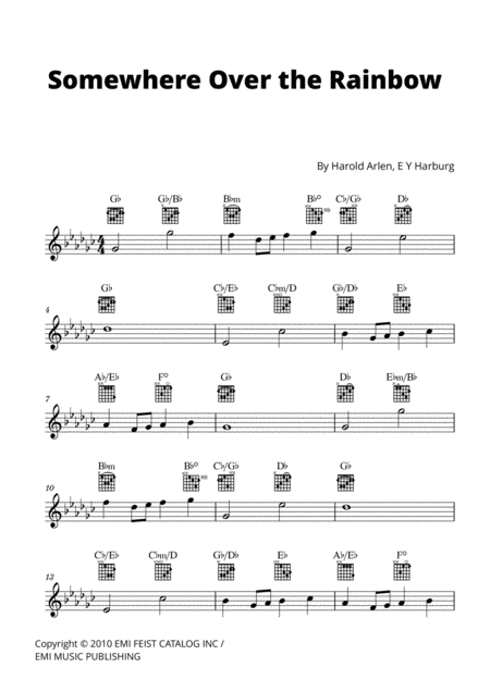 Somewhere Over The Rainbow Lead Sheet W Guitar Chords G Flat Major Sheet Music