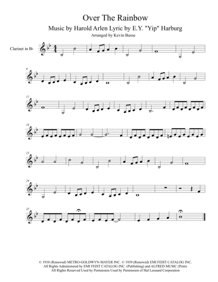 Somewhere Over The Rainbow Original Key Clarinet Sheet Music