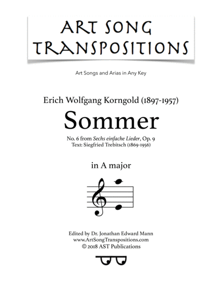 Sommer Op 9 No 6 A Major Sheet Music