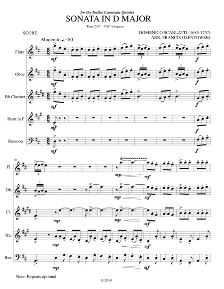 Sonata In D Major K96 D Scarlatti Arr For Ww Quintet Sheet Music