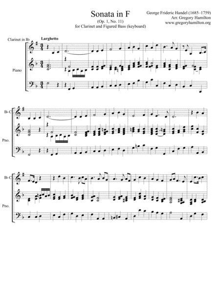 Sonata In F By George Frideric Handel Arranged For Clarinet In Bb And Keyboard Piano Sheet Music