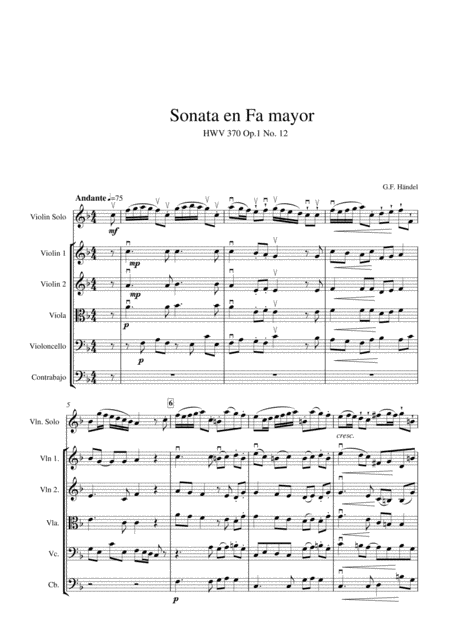Free Sheet Music Sonata In F Major Hwv 370 Op 1 Nr 12 2nd Movement Allegro For Easy String Orchestra