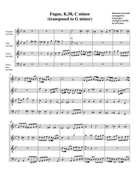 Free Sheet Music Sonata K 58 Fugue Arrangement For 4 Recorders