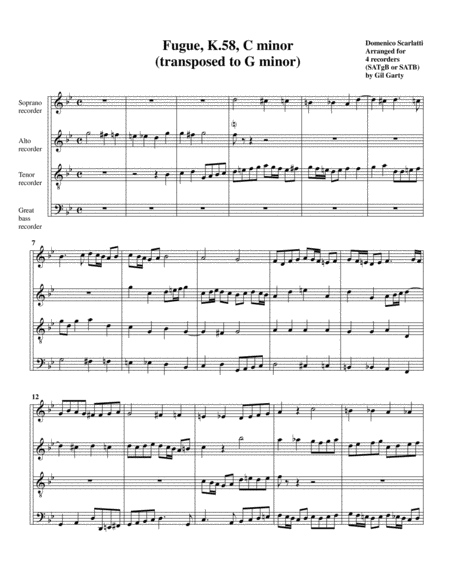 Sonata K 58 Fugue Arrangement For 4 Recorders Sheet Music