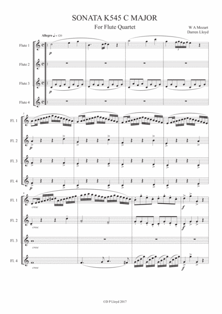 Free Sheet Music Sonata K545 Flute Quartet