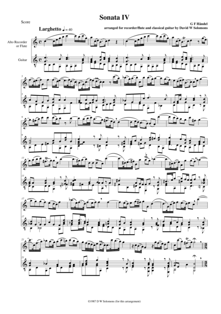 Sonata No Iv Arranged For Flute Or Alto Recorder And Guitar Sheet Music