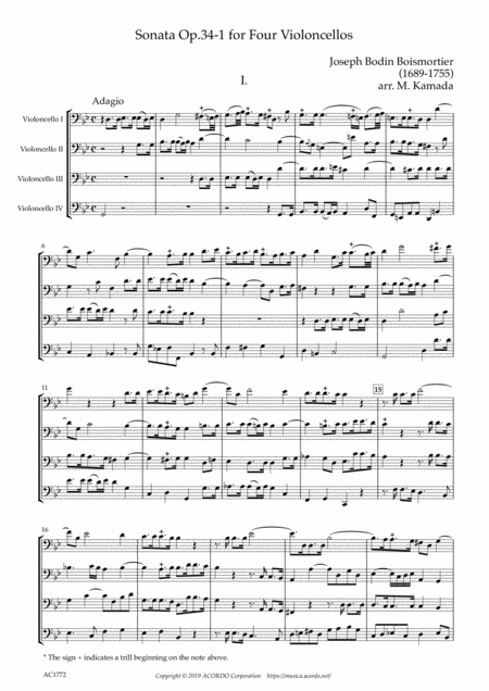 Sonata Op 34 1 For Four Violoncellos Sheet Music