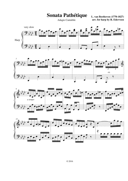 Free Sheet Music Sonata Pathtique Beethoven Adagio Pedal Harp Solo