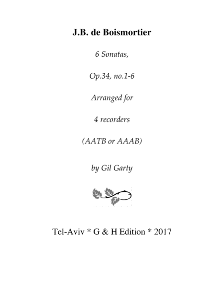 Sonatas Op 34 No 1 6 Arrangements For 4 Recorders Sheet Music