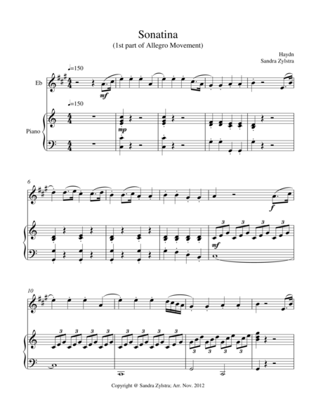 Free Sheet Music Sonatina Haydn Treble Eb Instrument Solo