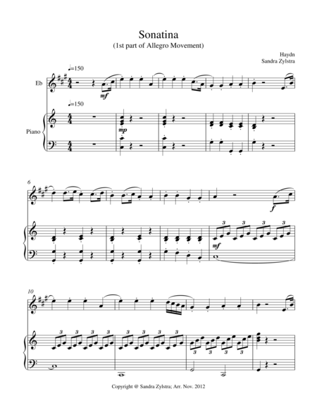 Sonatina Haydn Treble Eb Instrument Solo Sheet Music