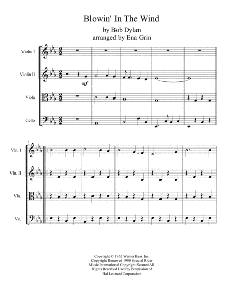 Song Blowin In Thewind Music By Bob Dylan Arranged For String Quartet Sheet Music