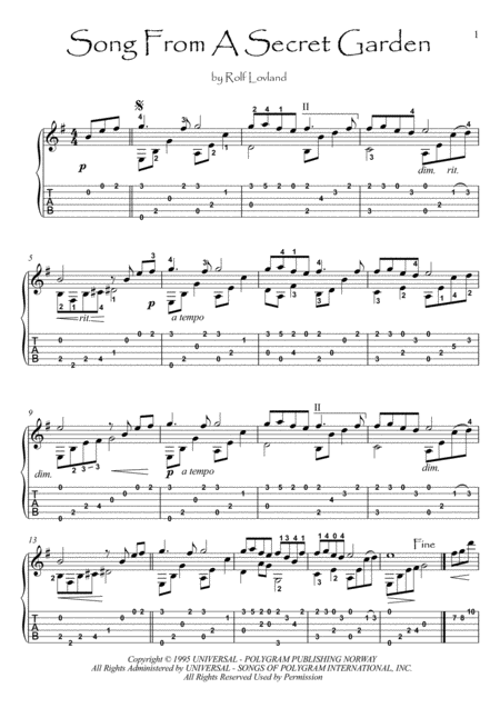 Song From A Secret Garden Guitar Fingerstyle Solo Sheet Music