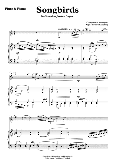 Free Sheet Music Songbirds For Flute Piano