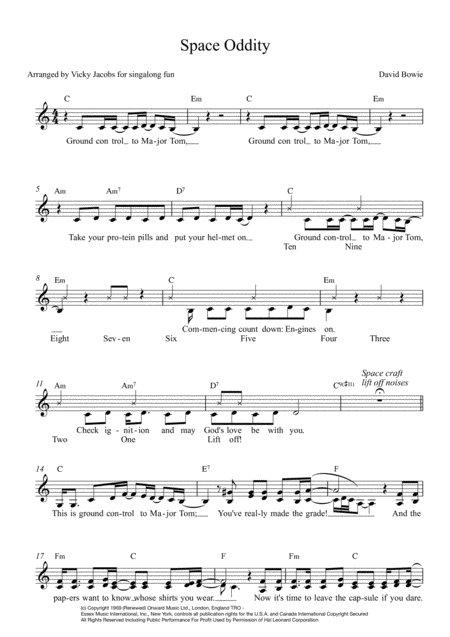 Free Sheet Music Space Oddity Leadsheet For Singalongs