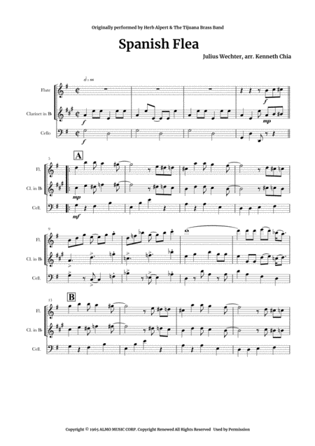 Free Sheet Music Spanish Flea Arranged For Flute Clarinet And Cello
