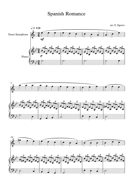 Spanish Romance For Tenor Saxophone Piano Sheet Music