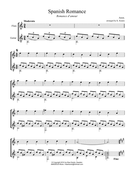 Free Sheet Music Spanish Romance Romanza For Flute And Guitar A Minor