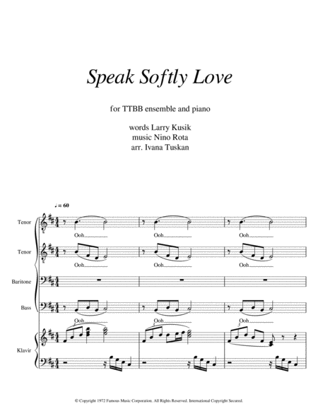 Free Sheet Music Speak Softly Love Ttbb Piano