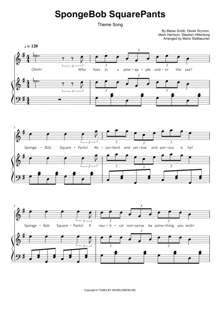 Free Sheet Music Spongebob Squarepants Theme Song