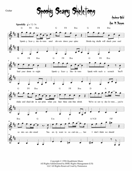Free Sheet Music Spooky Scary Skeletons Guitar With Lyrics