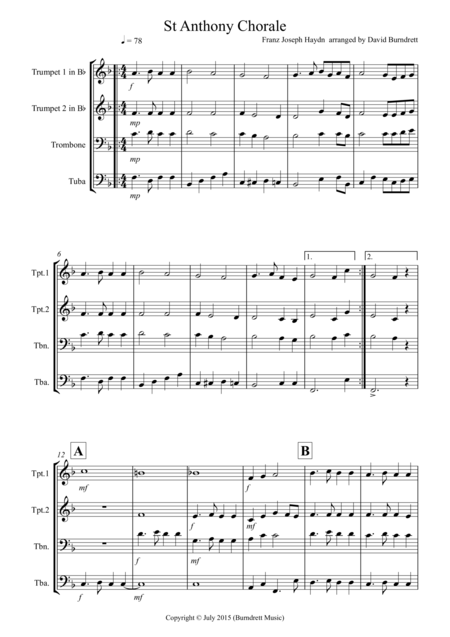 St Anthony Chorale For Brass Quartet Sheet Music