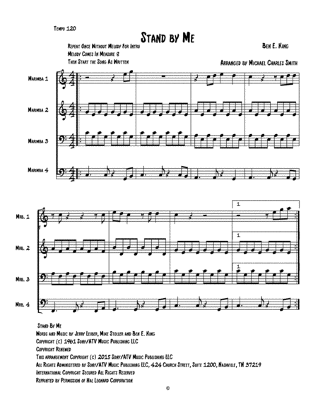Free Sheet Music Stand By Me For Diatonic Or Chromatic Marimb Quartet Key Of C