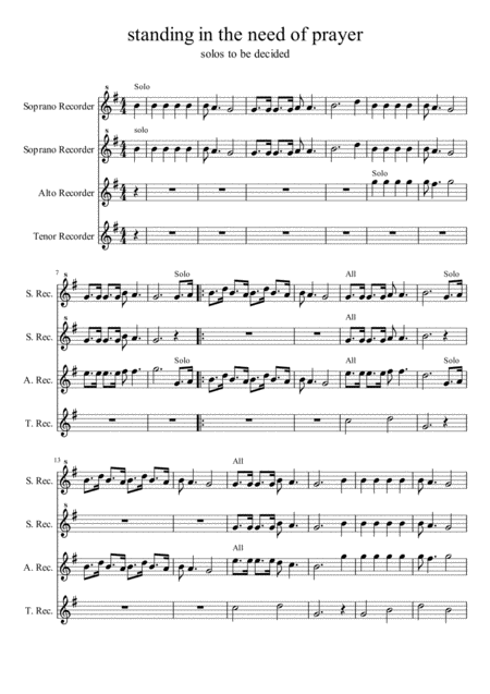 Free Sheet Music Standing In The Need Of Prayer For Recorder Quartet