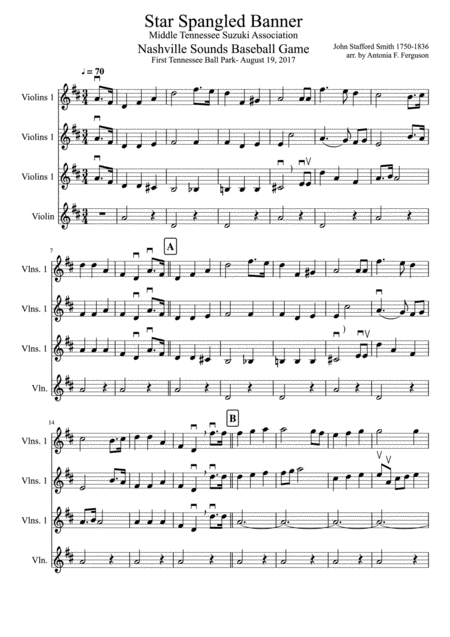 Star Spangled Banner For 4 Part Violin Group All Levels Sheet Music