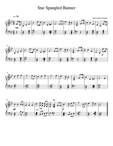 Star Spangled Banner Solo Piano Sheet Music