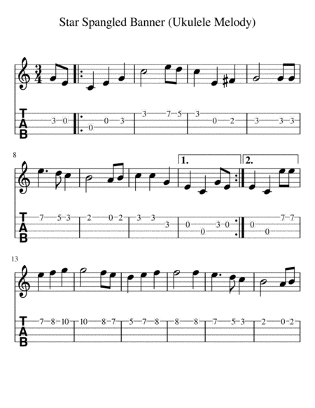 Star Spangled Banner Ukulele Melody Sheet Music