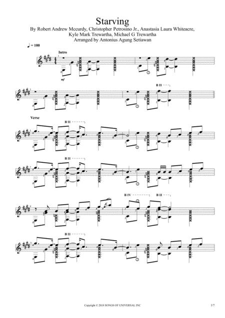 Starving Solo Guitar Score Sheet Music